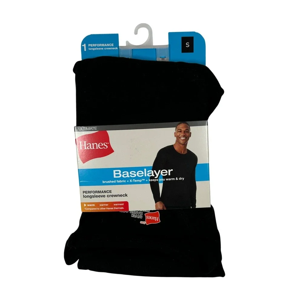 Hanes Ultimate Baselayer Performance Mens Small Black Long Sleeve Crewneck Shirt